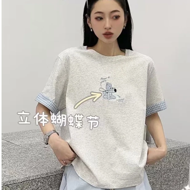 小格领翻边立体贴布绣圆领夏季T恤短袖2025年新款宽松百搭