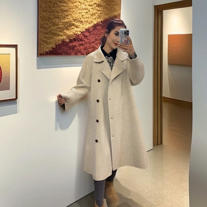 韩版宽松双排扣中长款大衣气质显瘦外套