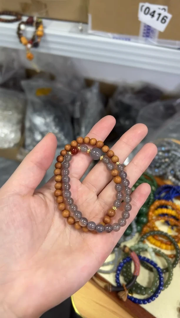 【闪购商品】檀香木手串未镶嵌黑肉老檀香木玛瑙双圈[0632]