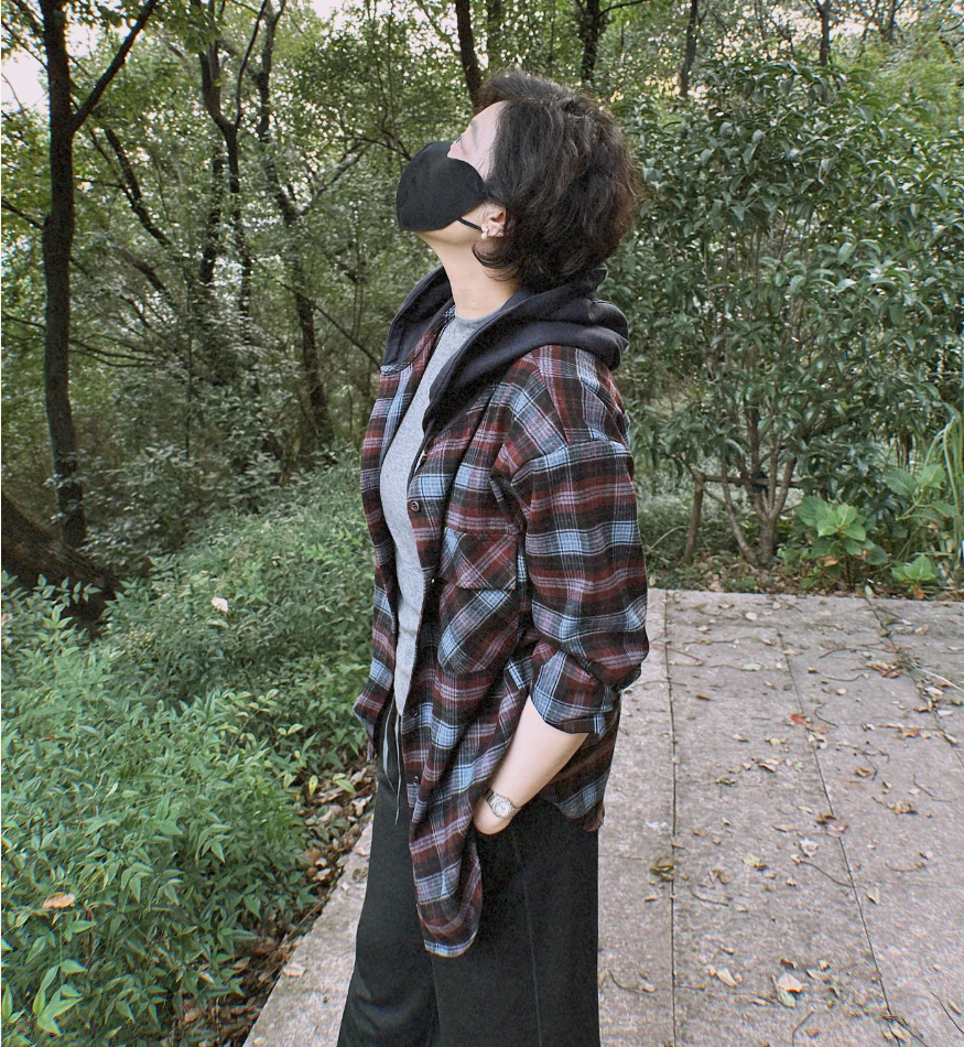 【U.M】时间的海色织格子连帽拼接长袖衬衫外套