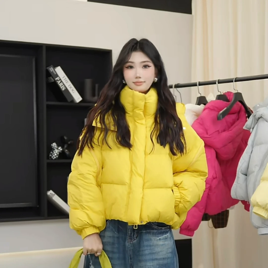 拉链袖韩版短款羽绒服女立领加厚休闲百搭冬季外套