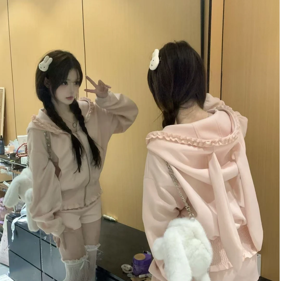 软萌小兔 兔耳朵连帽宽松百搭设计感休闲开衫裤子两件套