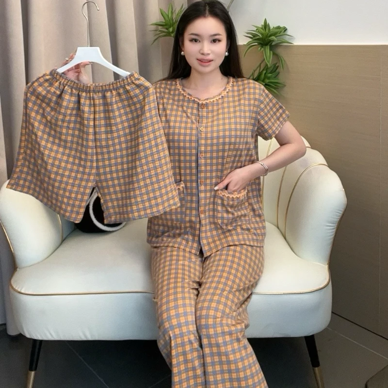 【拍一发三】新款睡衣夏天2025女士家居服短袖短裤九分裤三件套