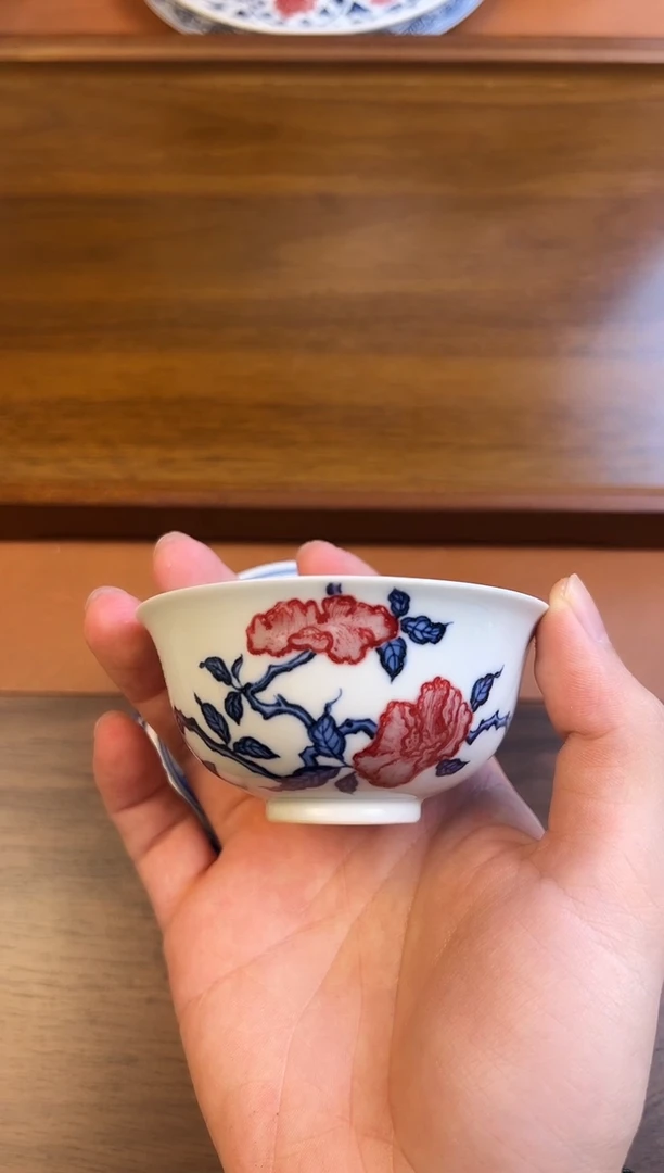 问青坊柴窑青花釉里红主人杯