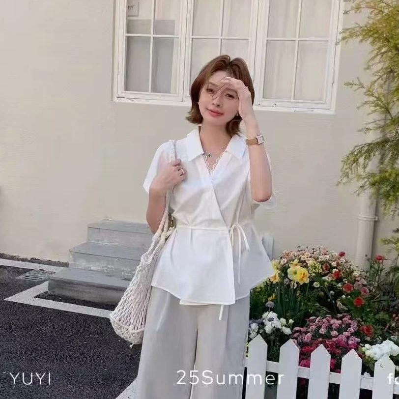 气质翻领蕾丝系带小衫ZBS33227衣长61（卡码往小拍）