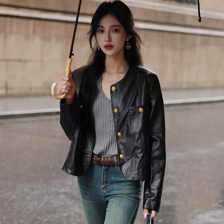 法式复古修身皮衣小香风黑金夹克通勤PU皮外套短款薄机车服