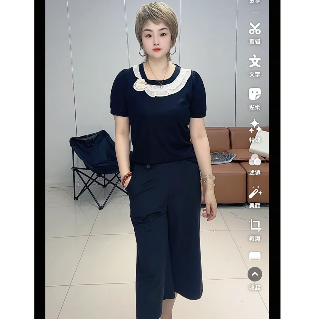小施家气质特色花边斜领冰爽显瘦T恤356