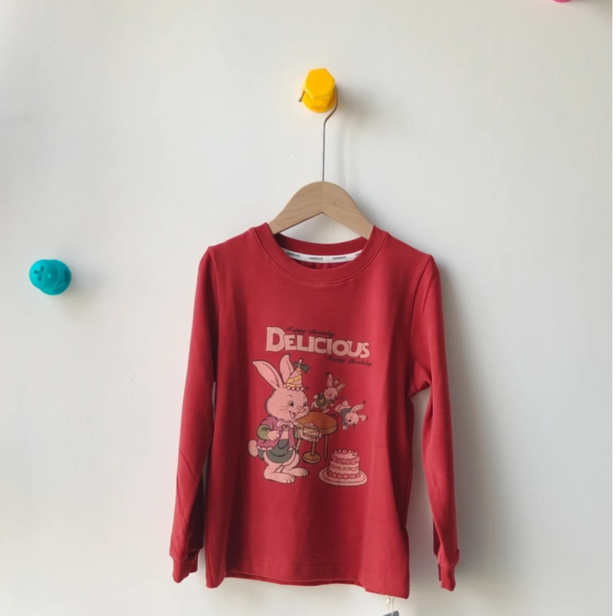 2025秋季新款时尚休闲女童中大童纯棉印花卡通兔子红色长袖