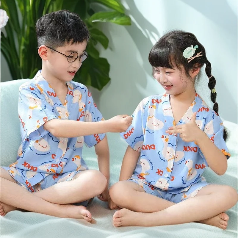 夏季爆款绵绸家居服男女宝同款空调服满印宽松韩版卡通套装