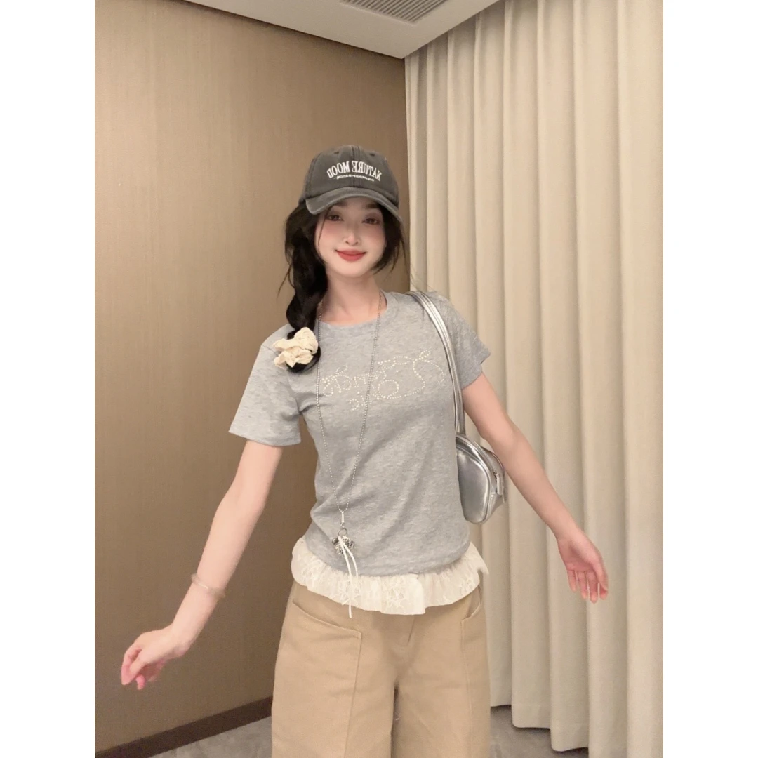 韩系甜美蝴蝶结珍珠字母新款夏季设计感上衣修身显瘦时尚正肩T恤