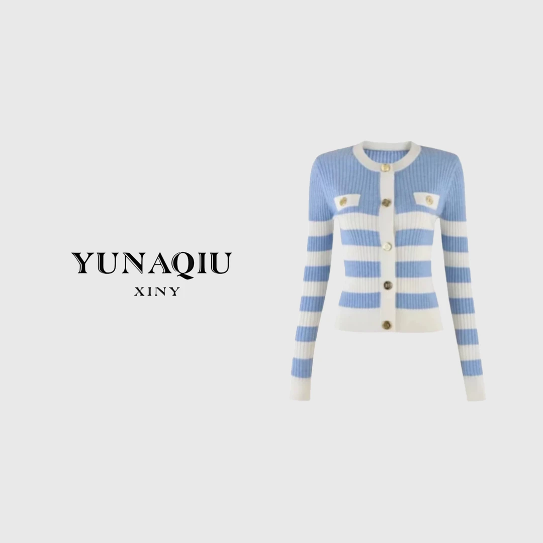 YUNAQIU 时尚蓝白条纹圆领长袖百搭单排扣羊毛针织开衫-8146