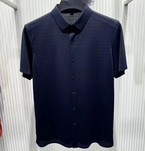 2407黑蓝色锦氨透气衬衫短袖中年男士商务休闲时尚薄款无痕衬衣