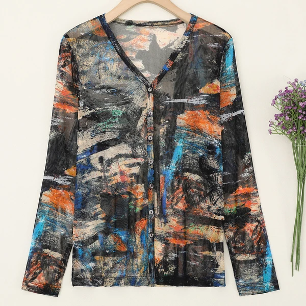 LANZIBES/蓝之蓓真丝网纱开衫长袖薄款宽松时尚印花外套C8786