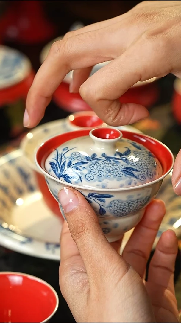 雨香斋景德镇高温纯手工手绘柿子红绣球花葫芦盖碗