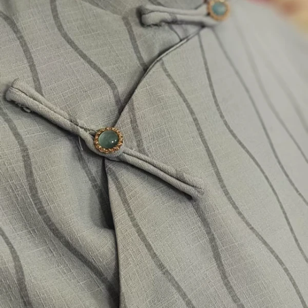 【0016云纹】薄荷绿竖条纹双层全开襟旗袍长款国风长约125cmS-3XL