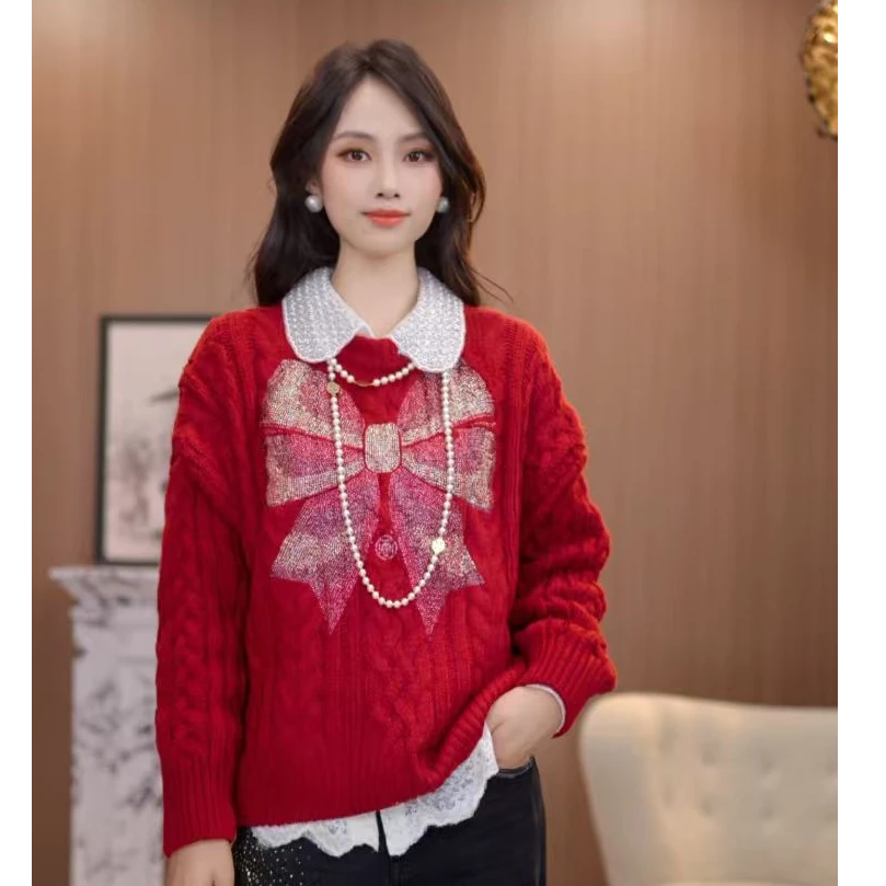 TCH【时尚气质】冬款百搭时尚烫钻红色休闲女装针织衫T75D09E1181