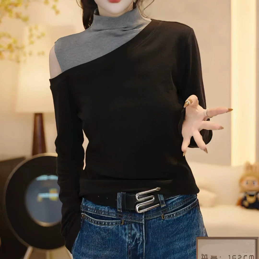 『许妍打底』2025秋冬半高领露肩气质长袖T恤女打底衫舒适内搭上衣