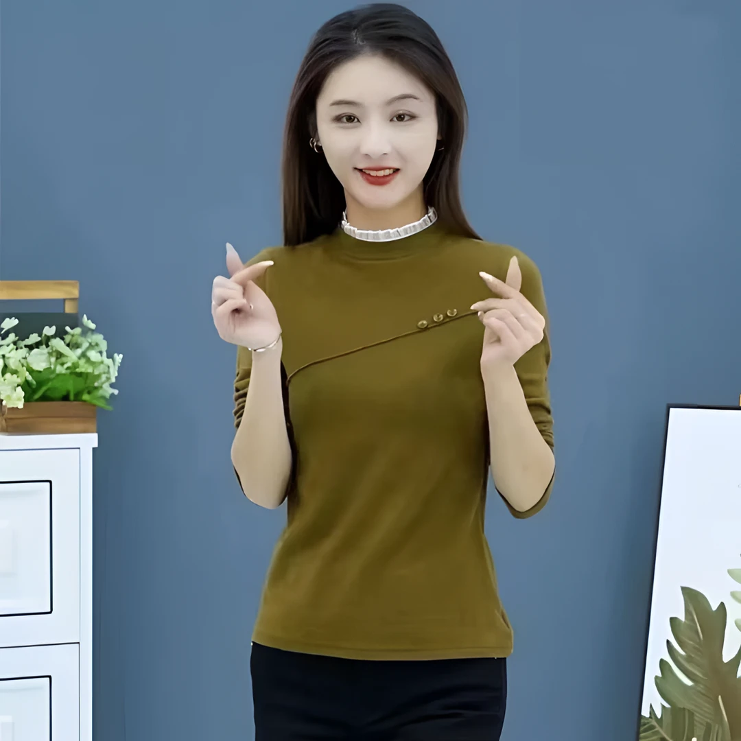 2025春季德绒长袖T恤内搭纯色加绒保暖百搭上衣半高领打底衫女