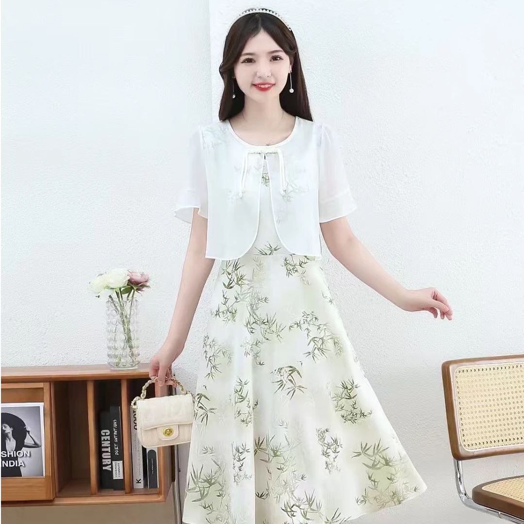 新款假两件夏季新中式碎花套头连衣裙中长款千金贵气财阀千金女装