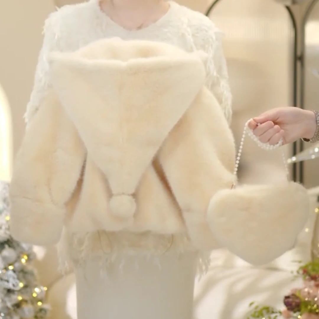 女童2024冬季新款洋气加毛加厚尖尖帽毛毛衣外套C22254