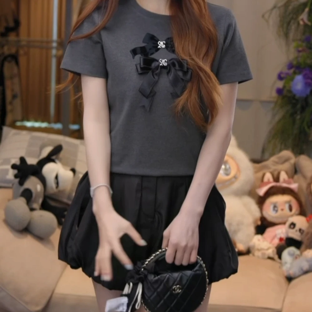 重工设计感蝴蝶结百搭显瘦T恤+灯笼短裤（正腰）C5398