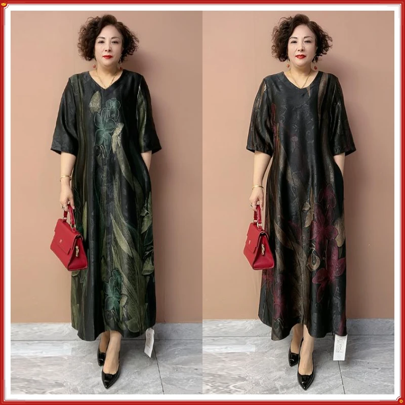 A67短袖圆领国风复古中老年妈妈黑色时尚气质连衣裙宽松大码真丝