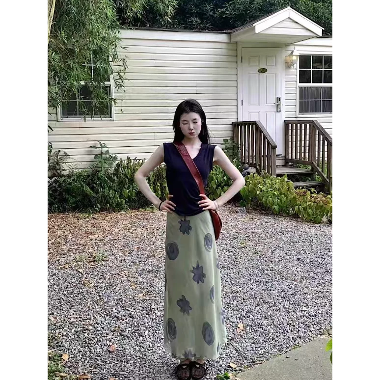 夏装一整套小个子穿搭上衣搭配绿色碎花半身裙韩里韩气两件套装