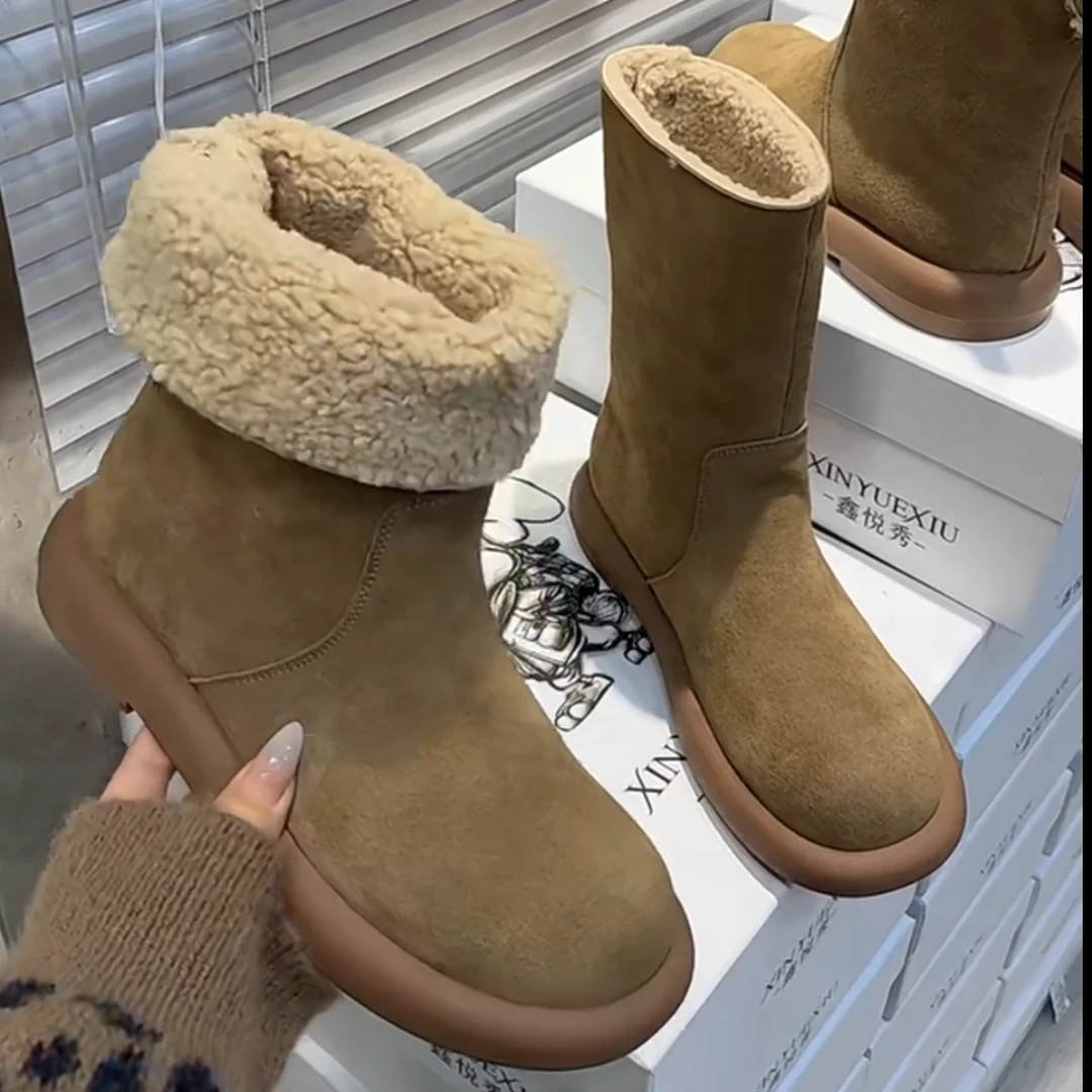 瘦瘦款欧货软皮翻毛皮两穿平底雪地靴短靴加绒棉靴勃肯鞋毛毛鞋女