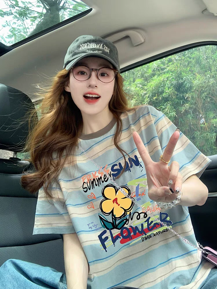美式条纹短袖t恤女2025新款夏季宽松减龄印花设计感慵懒休闲上衣