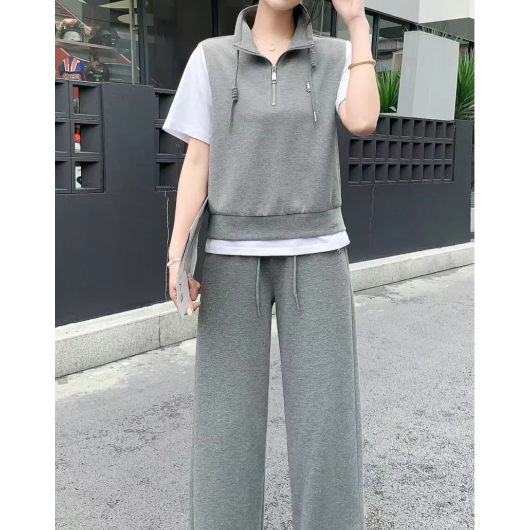 套装2025年夏季显瘦减龄气质上衣加裤子时尚休闲立领拼接