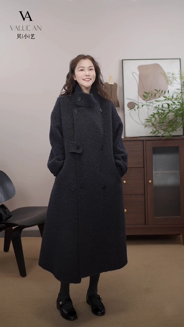 VALUE AN  25143圈圈毛设计定染定织高级感气质双面呢长款大衣