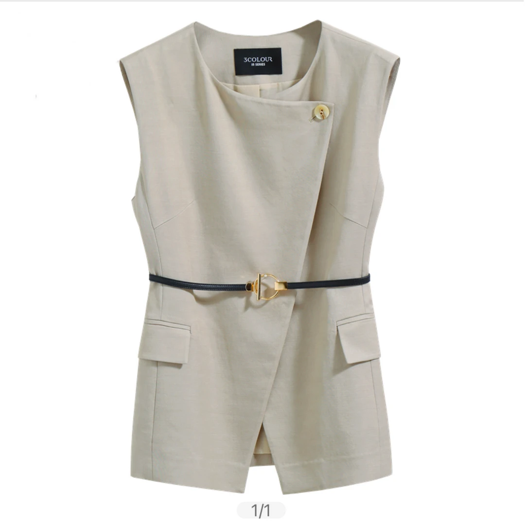 三彩2025夏新款米色时尚收腰无袖外套马甲休闲百搭夏季