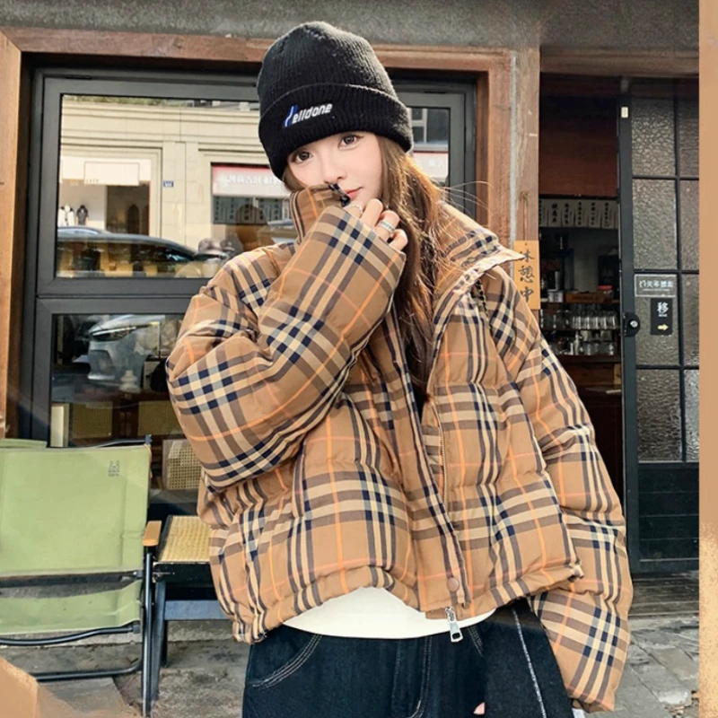 2025年冬季新款小个子面包服加厚保暖韩版格子短款时尚棉服女外套