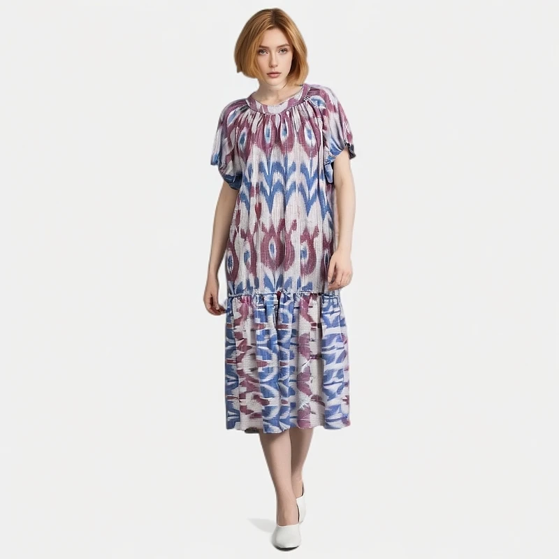 艾特莱斯纯棉夏季印花民族风圆领连衣裙紫色裙子碎花休闲长款女士