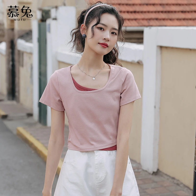 慕兔小清新假两件t恤女2023夏季新款设计感小众撞色拼接短袖上衣