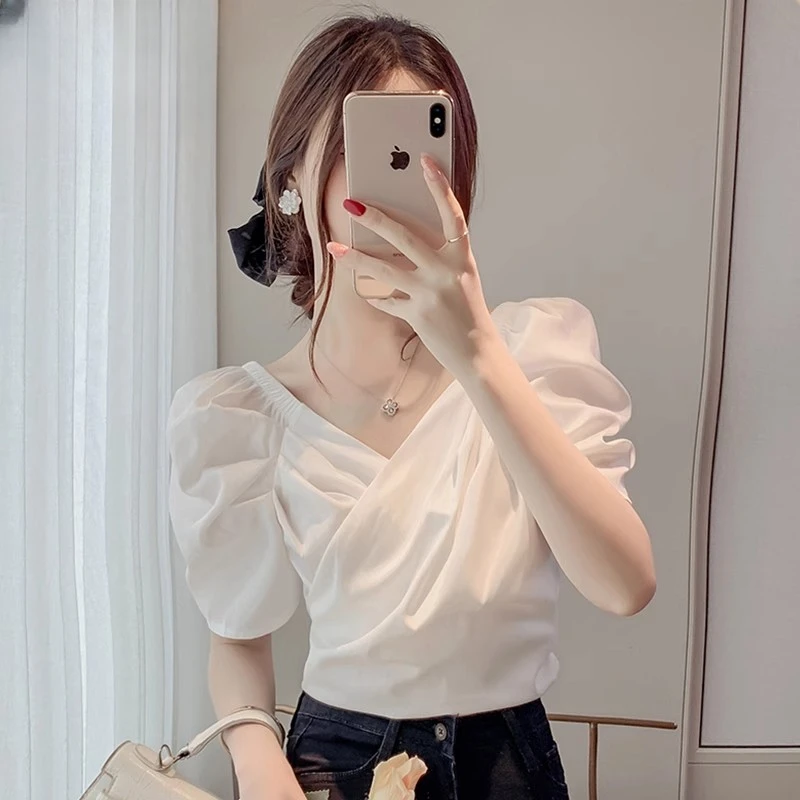法式v领短袖白色雪纺衬衫女装新款高级感泡泡袖短款上衣设计感ins