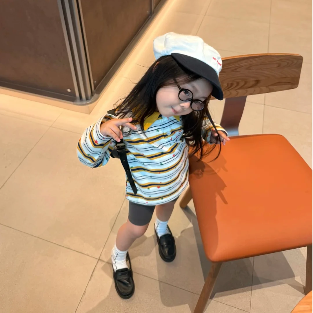 壹妈韩版童装女童早秋穿搭套装洋气儿童时髦条纹polo上衣打底短裤