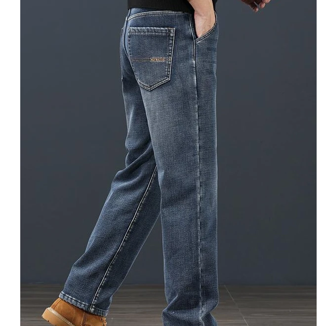 玛加西曼特春秋新款男士牛仔裤加绒加厚宽松直筒商务保暖长裤子