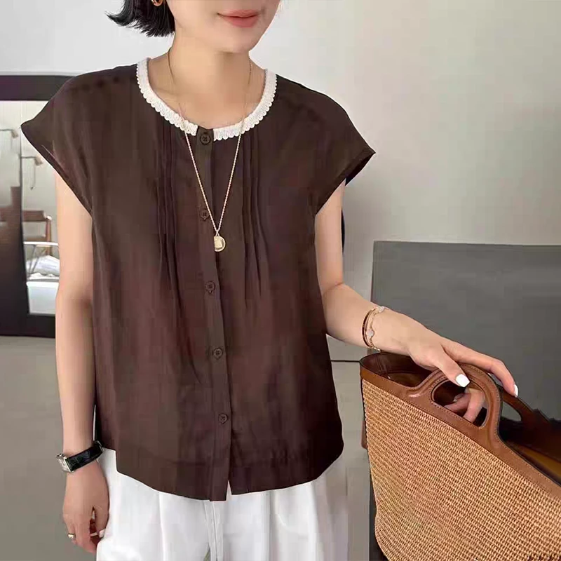 (韩版拼色领亚麻小衫)925夏季褶皱圆领时尚气质飞飞袖短袖W