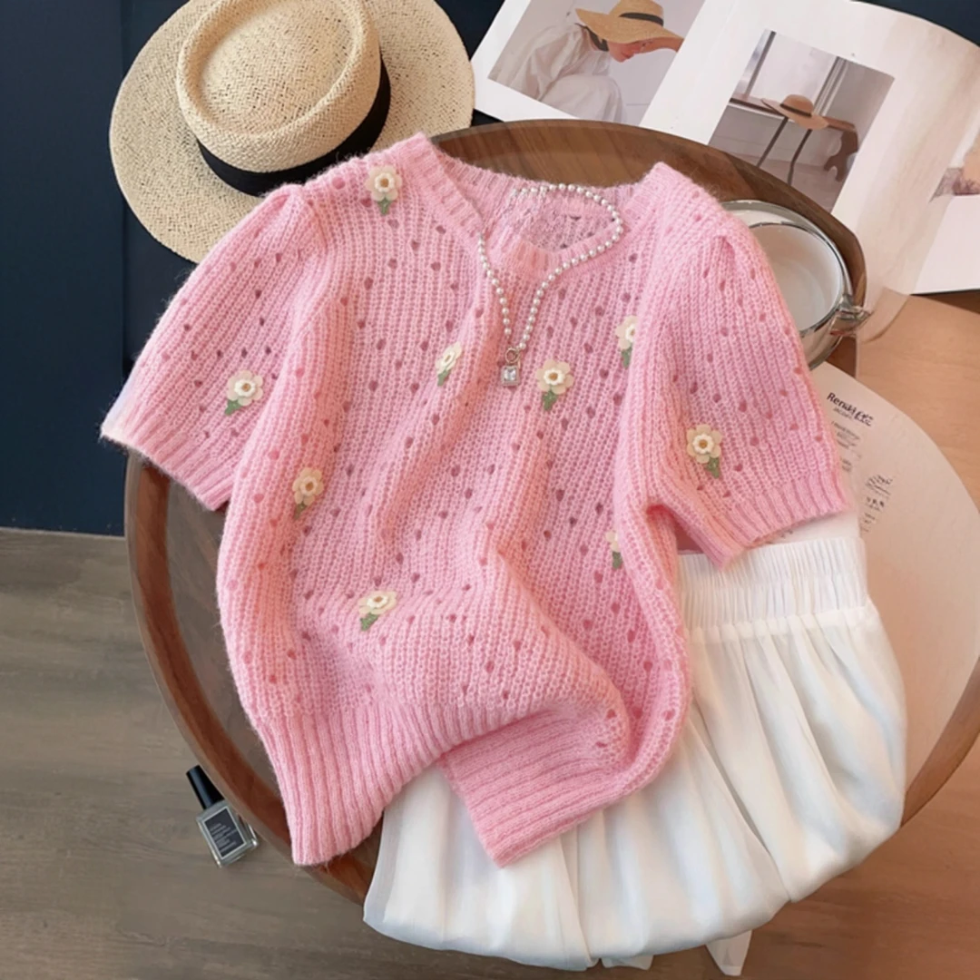 法式浪漫粉色针织衫女2025春夏新款设计感小众品牌打底衫短袖上衣