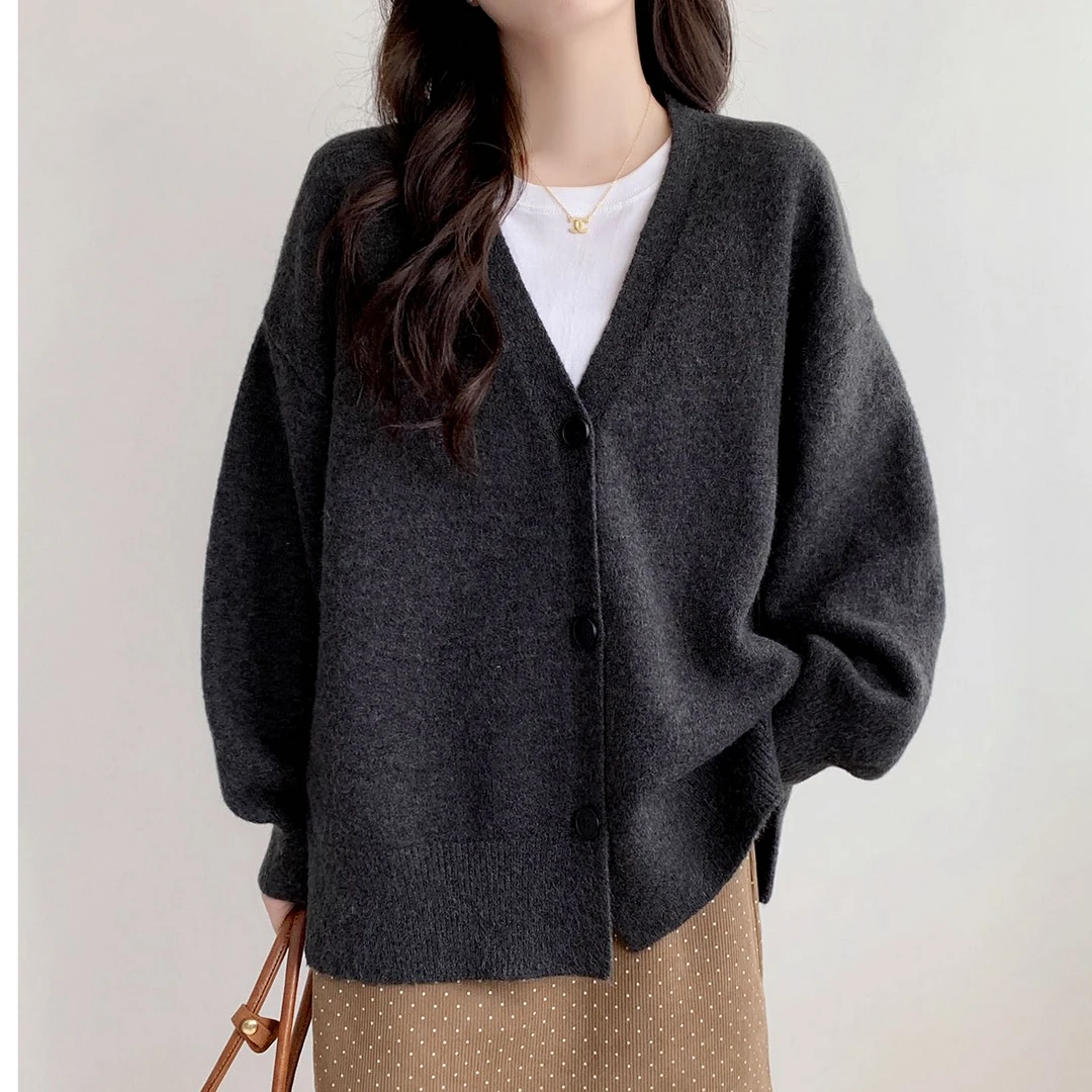 慵懒风宽松毛衣外套女秋季新款大码V领针织衫中长款外搭开衫上衣