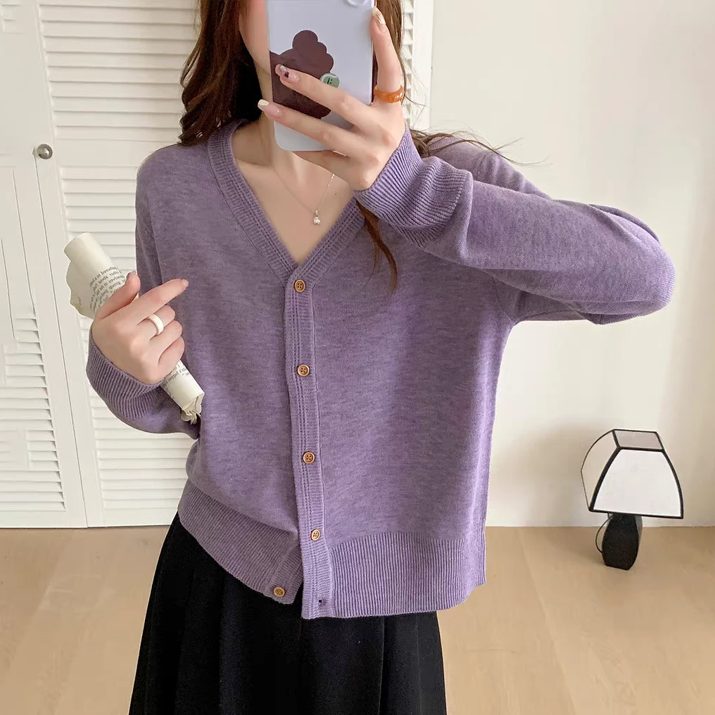 秋季长袖针织开衫外搭外穿上衣女装春秋短款百搭宽松v领纯色韩版