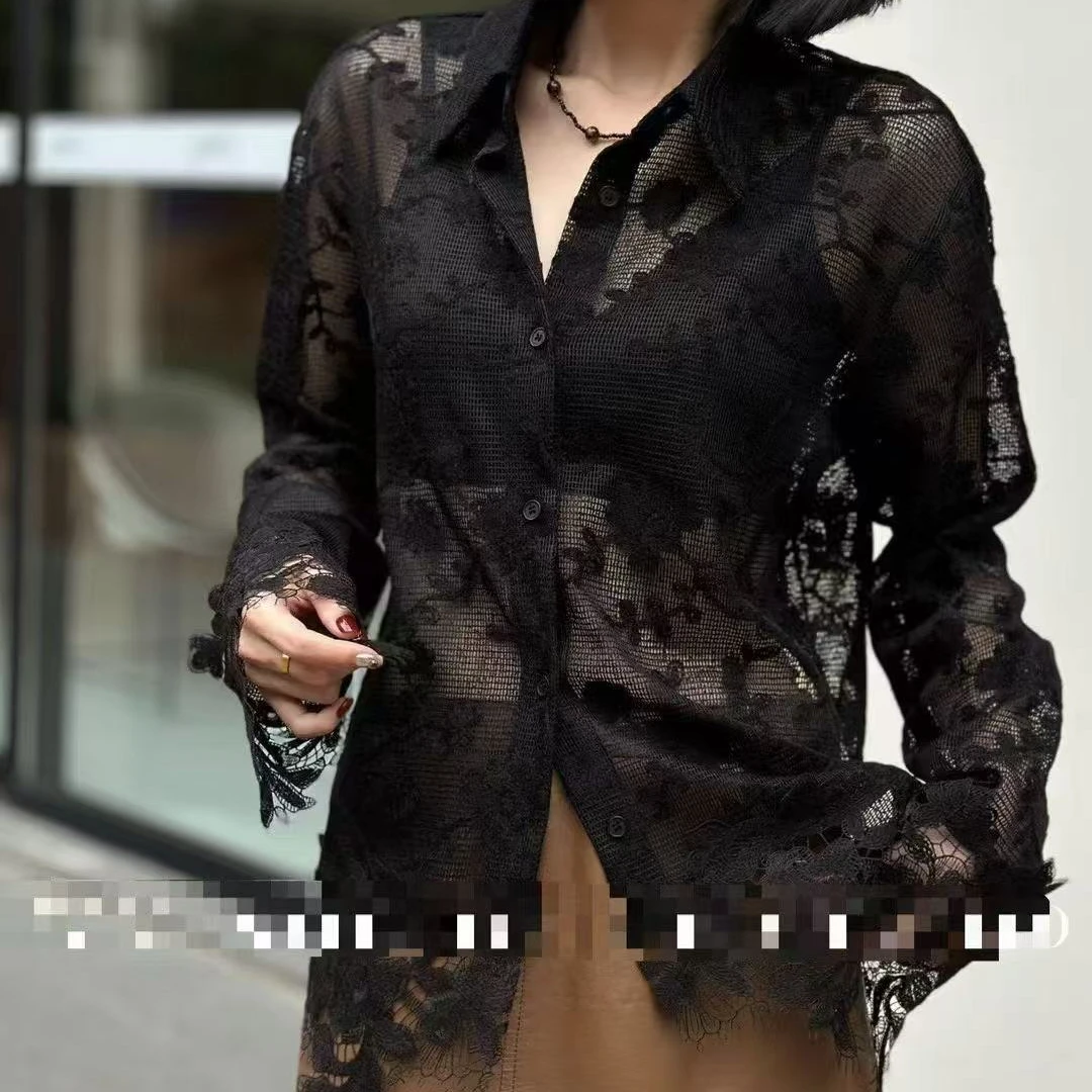 轻透镂空蕾丝衬衫女长袖小众设计感宽松款春夏上衣