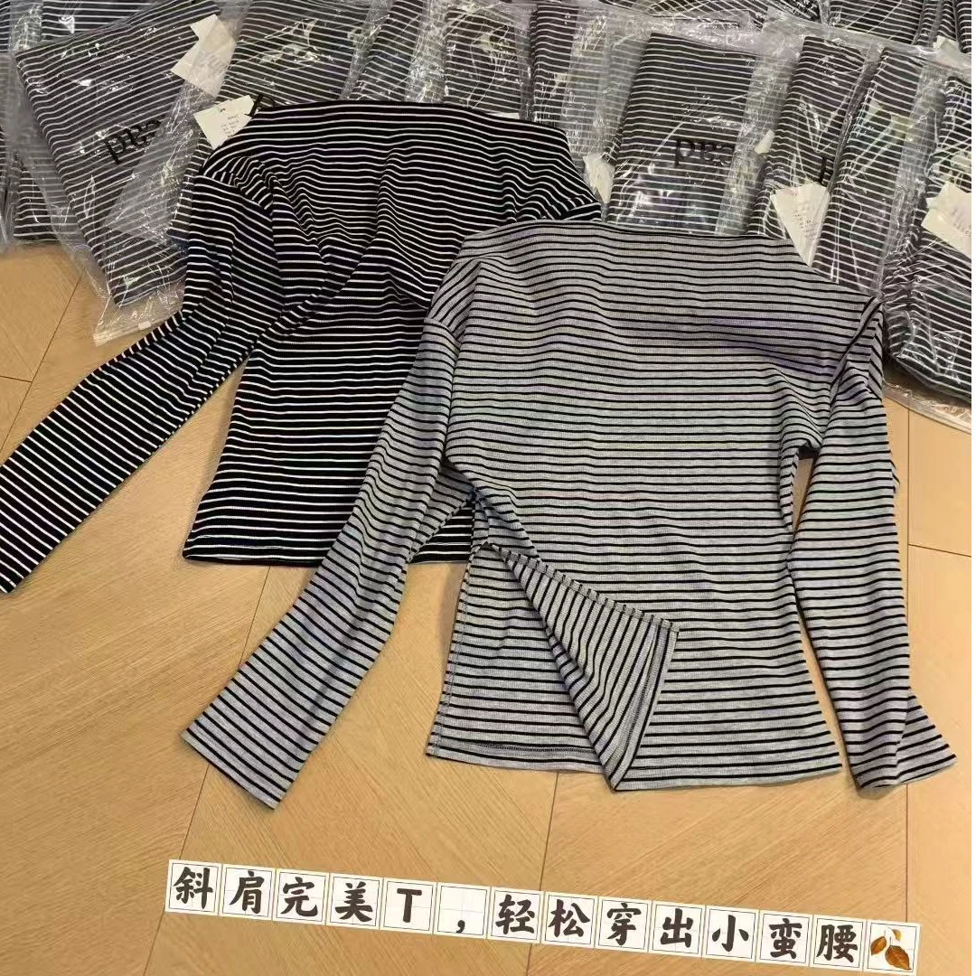 2822•条纹拉肩 SY# 东大门极简条纹拉肩上衣•