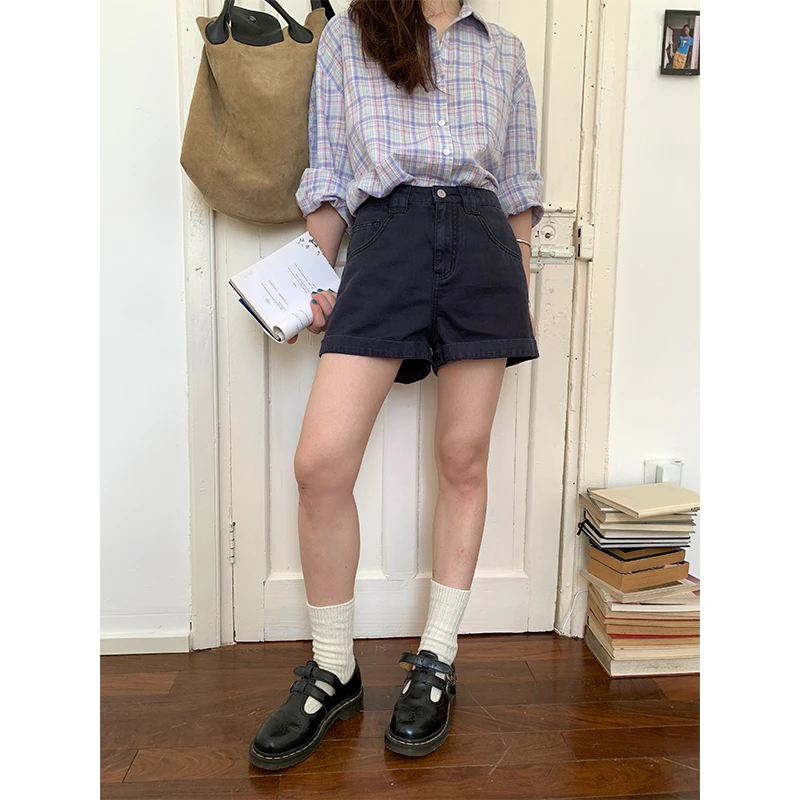 【香香的梨】复古百搭弹力直筒牛仔短裤女XL1312