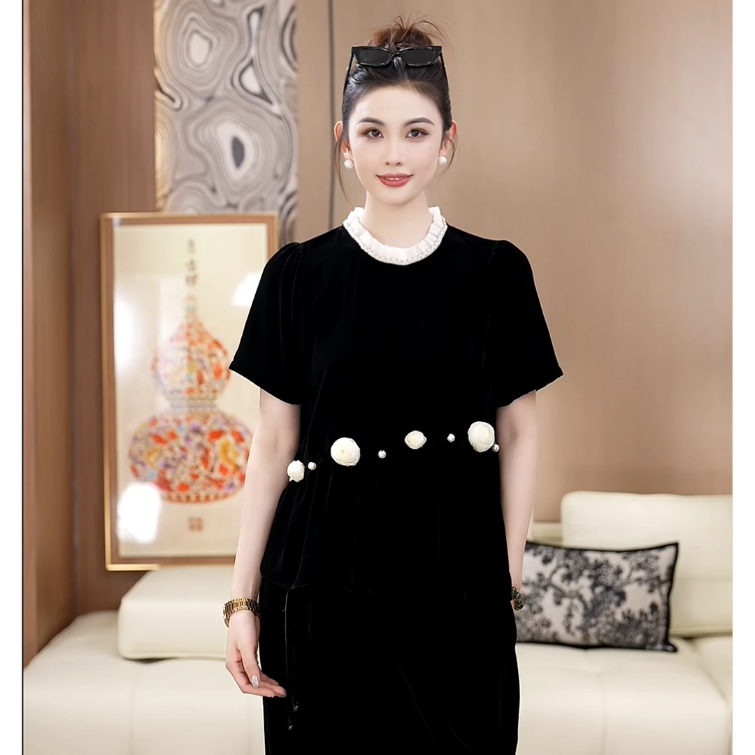 白玫瑰花朵名媛立体真丝丝绒洋气减龄法式夏季短袖上衣A050663