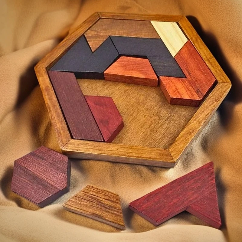 英国尾单木制智力拼图几何六边形拼图拼板益智早教认知玩具七巧板