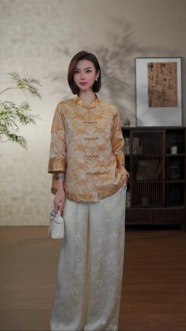GONG QUE【虎镇五毒】新中式早春款桑蚕丝宋锦萝对襟上衣 242618