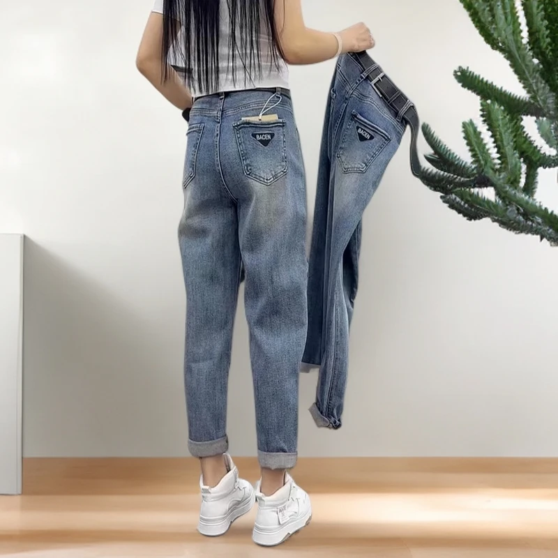 大码女装高腰显瘦遮胯老爹牛仔裤春夏新款百搭复古直筒哈伦裤子女