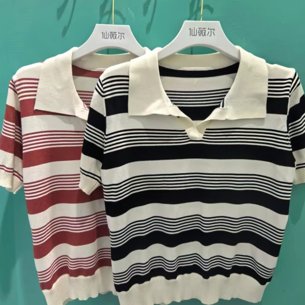 新款冰丝短袖t恤女针织衫夏季翻 领短款显瘦polo衫T恤上衣08089